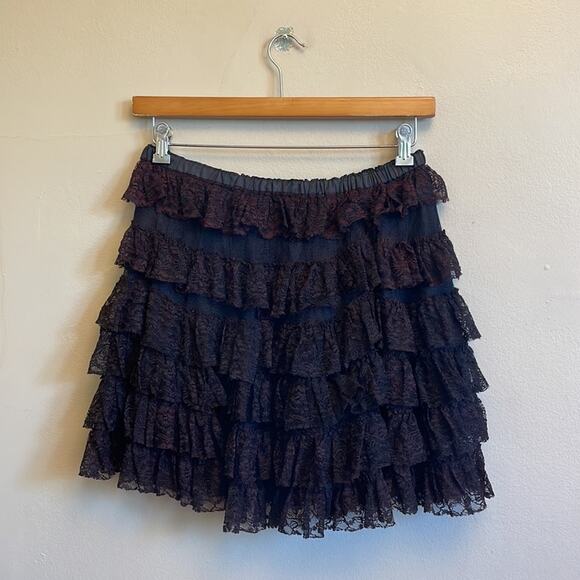 Vintage M black lace ruffle mini skirt floral dark cottagecore - Picture 4 of 6